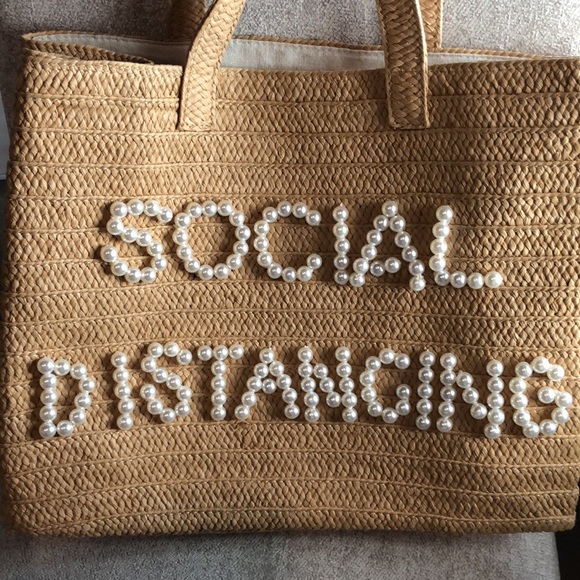 NWT B2B LA Straw Tote Social Distancing w/ pearl lettering beach bag - Picture 1 of 10